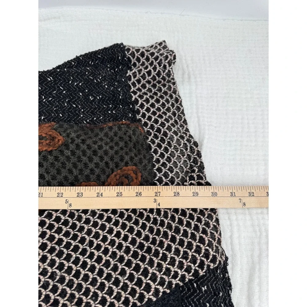 Fleur De Lis Cardigan Black Knit Yarn Patchwork Boho Floral Open Front Size S